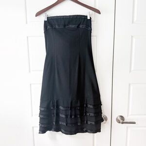 Ruth strapless midi black cocktail dress with black distressed silk trim. Size 4